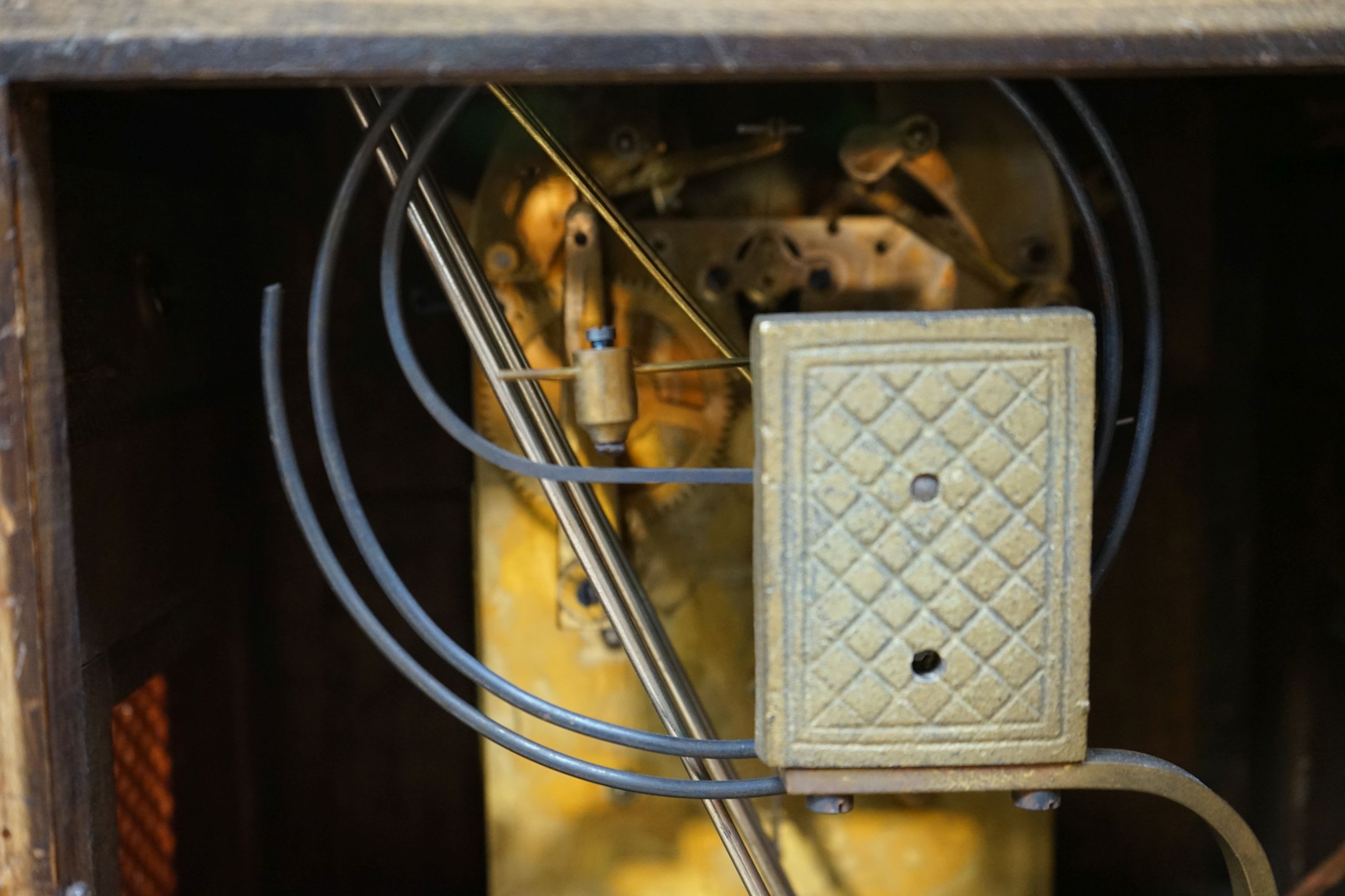 A German rosewood and marquetry chiming mantel clock, early 20th century, 45cm